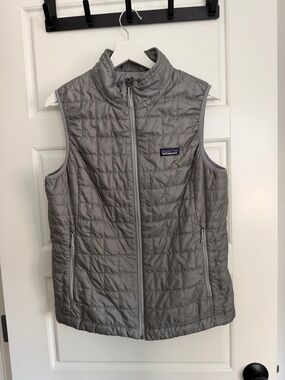 Patagonia Women's Nano Puffer Vest in Light Gray with Multicolor Logo